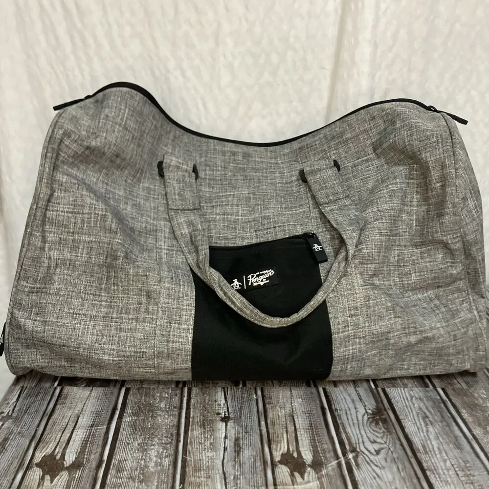 New Original Penguin Weekender Duffle Bag Grey Cross Stitch Large